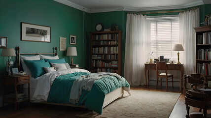 small bedroom with a white bed, under which there are storage drawers and a bookcase