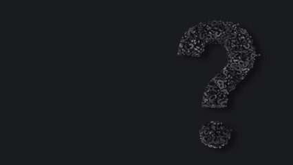 Black question mark on black background.  Question concept. 3d render.