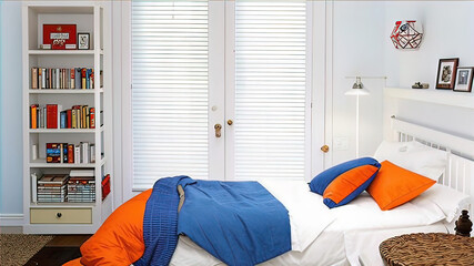 small bedroom with a white bed, under which there are storage drawers and a bookcase