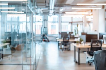 A cubicle with a black chair and a computer monitor, generative ai image