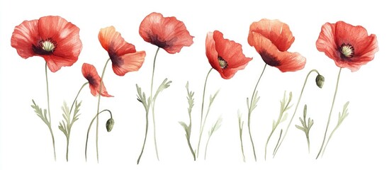 Fototapeta premium Red poppy flower watercolor collection