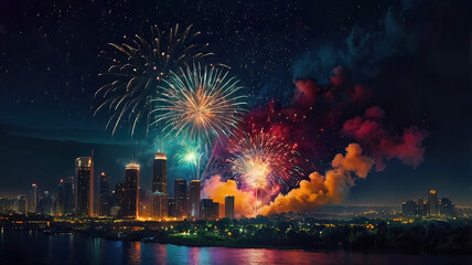 Naklejka premium Night scene with fireworks in the sky, reflections of fireworks on the wet ground, festive atmosphere of a night city with fireworks