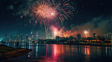 Night scene with fireworks in the sky, reflections of fireworks on the wet ground, festive atmosphere of a night city with fireworks