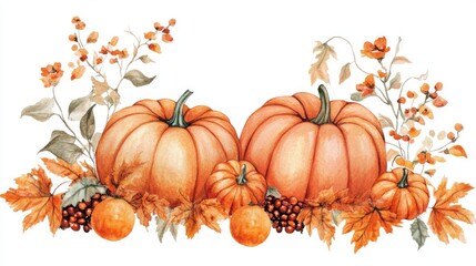 Naklejka premium Thanksgiving floral arrangement featuring pumpkins Vintage style watercolor illustration showcasing autumn decorations with orange pumpkins fruits and fallen leaves Isolated on a white background