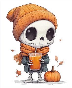 skeleton drinking orange juice, autumn style clip art preview