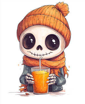 recommend clip art: Cute chibi skeleton character, wearing an orange beanie and scarf, holding a pumpkin juice in hand 
