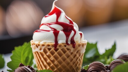 Garnished with chocolate sauce & whipped cream a vanilla ice cream cone sits center stage surrounded by similar wafers on a plate evoking a festive dessert scene.