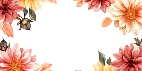 Obraz premium Square frame of dahlias in watercolor ideal for cards and backgrounds Hand drawn floral design suitable for scrapbooking and wedding invitations