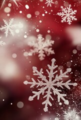 Fototapeta premium Glittering snowflakes fall against a red background during the holiday season