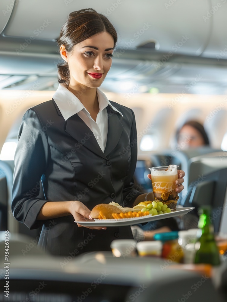 Poster a flight attendant presents a tray of meals and drinks to passengers in a commercial airplane during