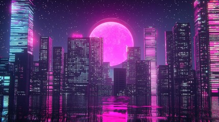Obraz premium Lofi Anime Neon Cyberpunk Cityscape with a Pink Moon