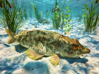 Obraz premium Camouflaged Flounder Amid Swaying Aquatic Plants on Sandy Seafloor
