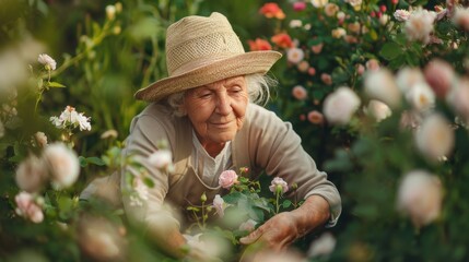 elderly european flower girl picking flowers in her garden