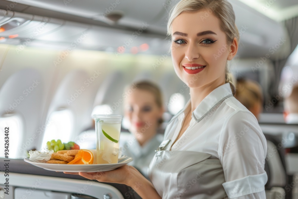 Aufkleber A flight attendant offers a tray of snacks and drinks to passengers while smiling in the cabin of an airplane. Generative AI