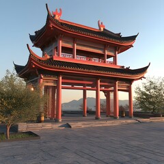 Red Chinese Pagoda with Curved Roof and Stone Steps