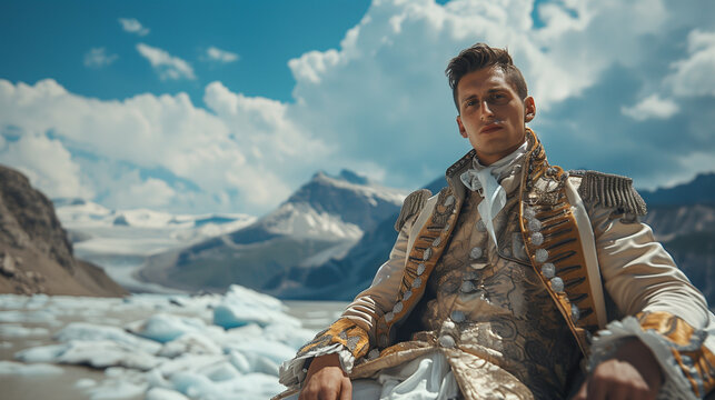 Portrait of Handsome Serbian Man in Traditional Costume against Urban Snow Mountain Background, Highlighting Cultural Heritage and Modern Contrast