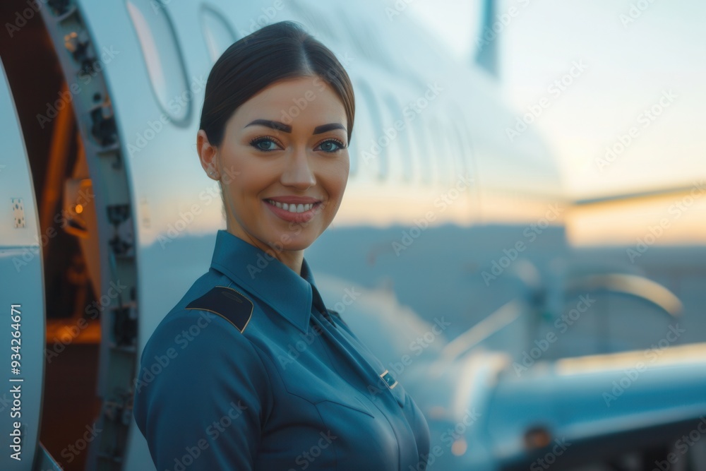Poster a friendly flight attendant stands next to an airplane, greeting passengers with a warm smile as the