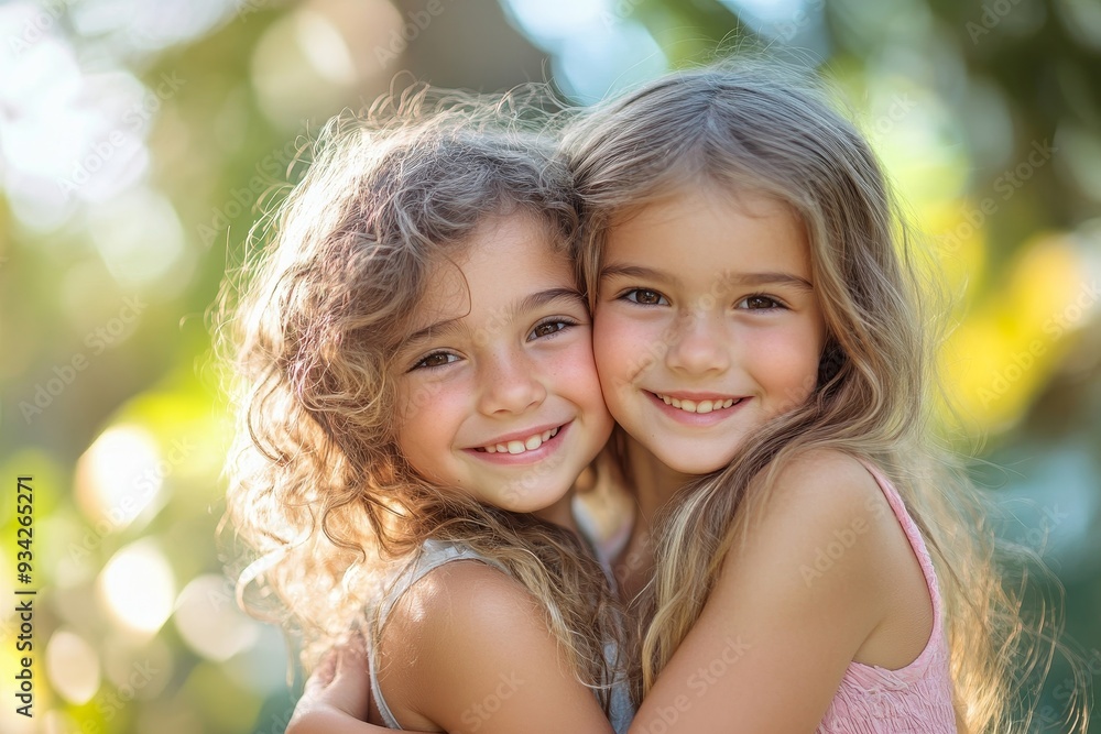 Wall mural children and girl siblings outdoor together at a park during summer vacation or holiday. family, kid