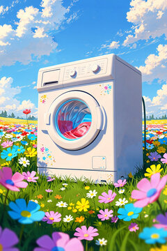 Cartoon Washing Machine in a Flower Field: Cleaning and Laundry Advertisement