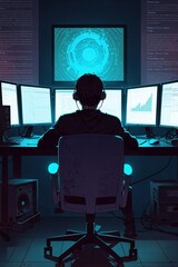 Fototapeta premium Person Sitting at a Desk in Front of a Computer: Back View of a Fanatical Hacker