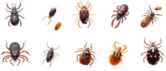 Set of isolated fleas and ticks kit on transparent background. cut flower elements, garden themed designs. Top view high quality PNG." design elements, top view / flat lay.