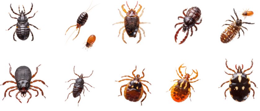 Set of isolated fleas and ticks kit on transparent background. cut flower elements, garden themed designs. Top view high quality PNG." design elements, top view / flat lay.