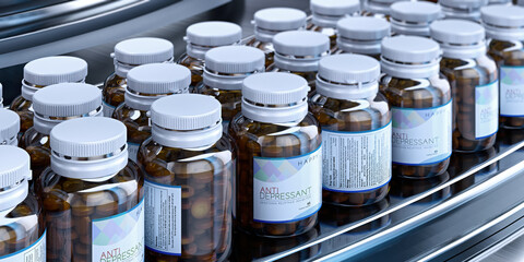 Conveyor with antidepressants line at a pharmaceutical plant. Drug manufacturing process closeup. Pharmacology production, medicine industry from laboratory to factory, pharmacy. Healthcare, pharma 3D