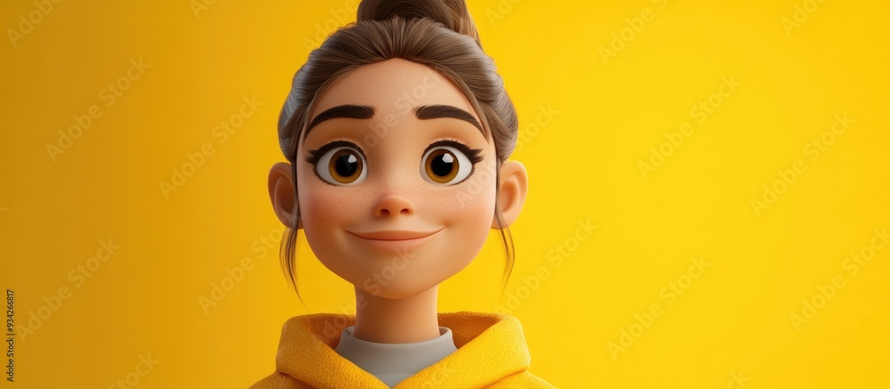 Poster cartoon 3d character of a young woman with a welcoming smile