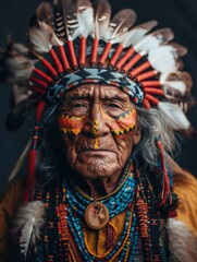 Obraz premium A portrait of an Indian chief in a national costume with national face painting.