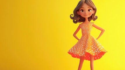 Charming 3D Cartoon Girl in Dress on Bright Yellow Background
