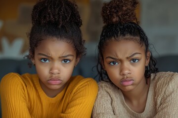 Obraz premium Younger and older sister in a state of emotional stress displeased with each other. Two black girls of different age arguing. Black female siblings having a fight. Background, copy space,Generative AI