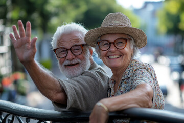 Happy seniors wave from a bridge, Generative AI