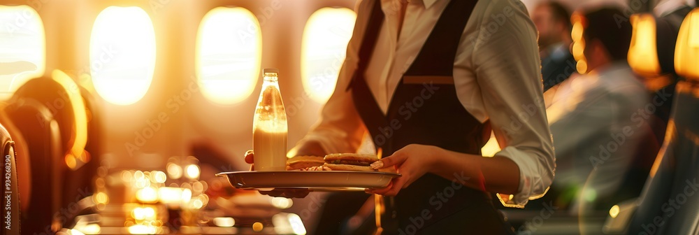 Aufkleber A flight attendant serves snacks and a drink to passengers while the sun sets outside the airplane windows. Generative AI