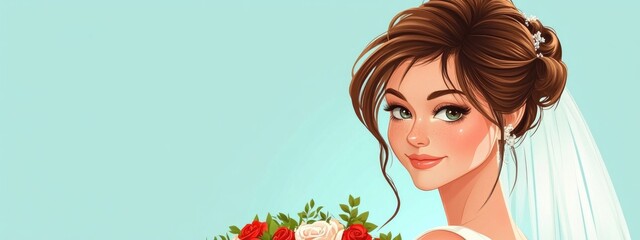 Charming Cartoon Bride with Brown Hair in Classic Wedding Style Fun Morning of the Bride Celebration