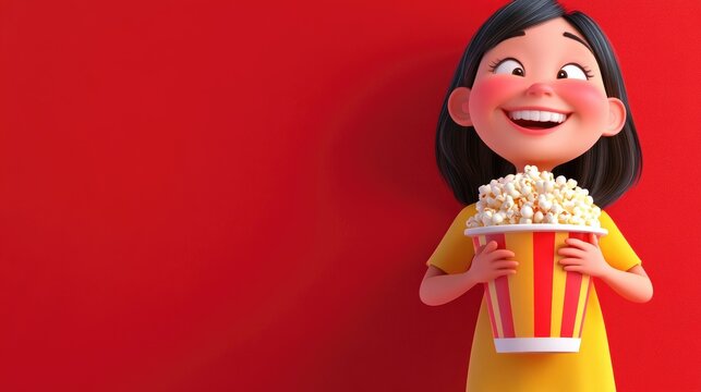Cheerful 3D cartoon character with an oversized bucket of popcorn standing against a bright red backdrop smiling joyfully while clasping her hands in excitement