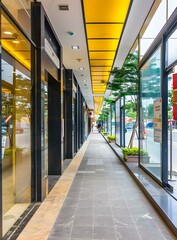 Obraz premium Modern Retail Store Entrance With Yellow Ceiling and Glass Doors