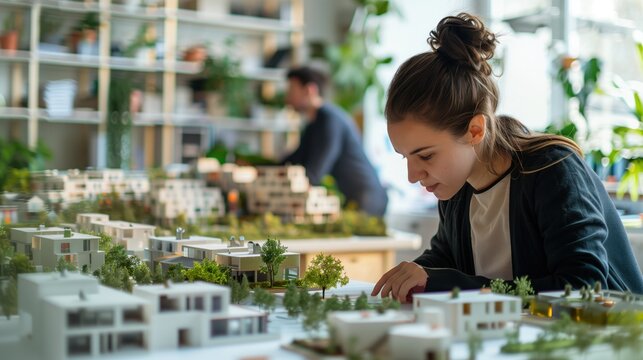 Model of the eco-town. The working team is working in the office to create a model of the eco-town. 