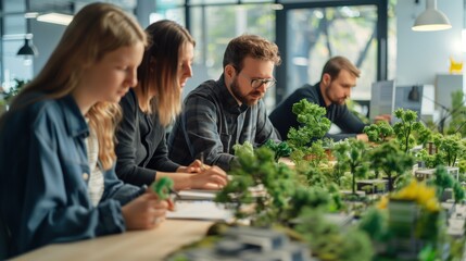 Model of the eco-town. The working team is working in the office to create a model of the eco-town. 