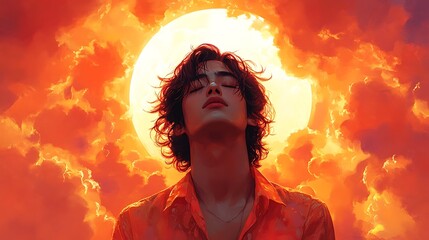 A young man with his eyes closed, looking up at a large, bright moon surrounded by fiery clouds.