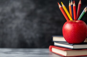 Red apple atop books with colored pencils against a dark background in a study setting