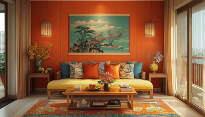 Colourful living room Asian Interior Design Style