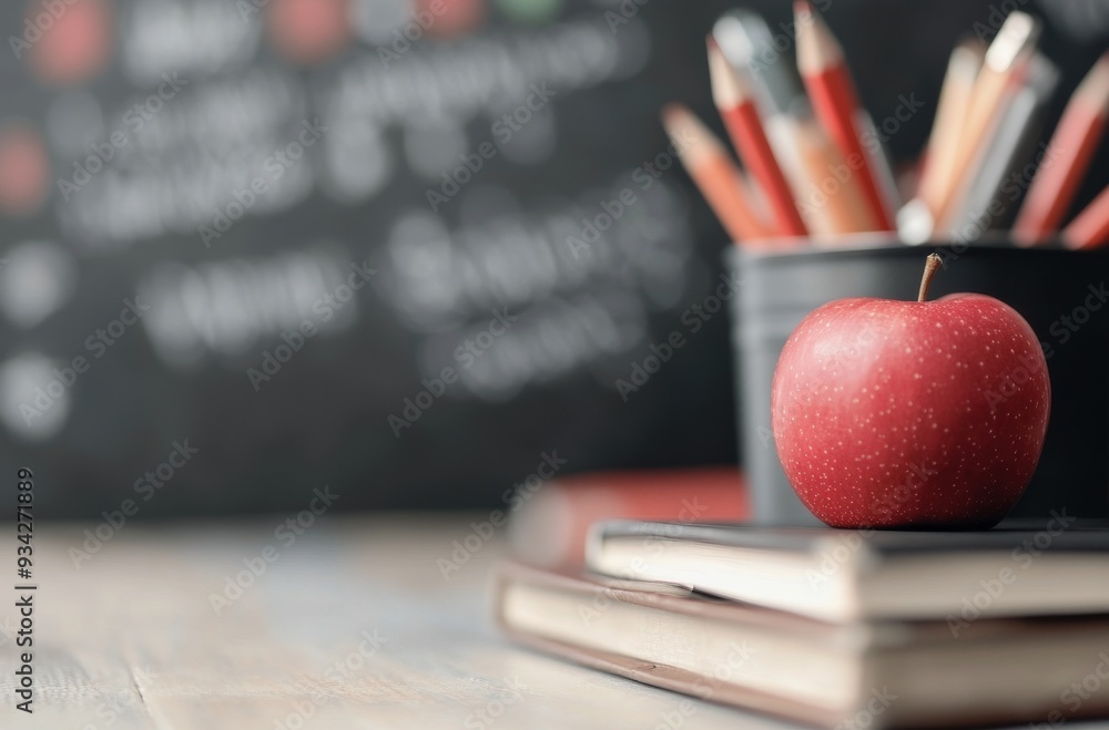 Poster fresh red apple sits on stacked notebooks in a classroom with colorful pencils in background