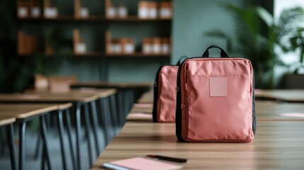 An in-focus image showcasing trendy orange school bags placed neatly on desks, highlighting the modern classroom setup and the importance of education.