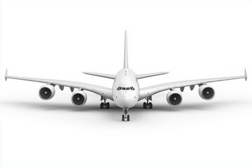 white double decker passenger plane isolated on white background, view straight ahead