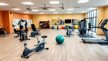 Fototapeta premium Physical education room full of fitness sport equipment for indoor training