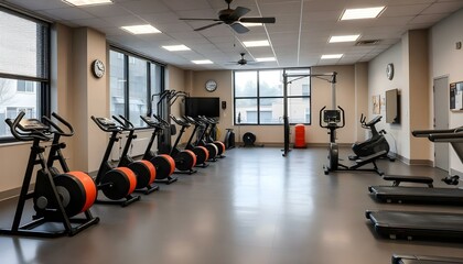 Obraz premium Physical education room full of fitness sport equipment for indoor training