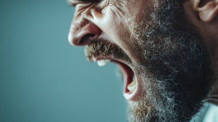 Obraz premium Detailed close-up of a person's beard and ear, set against a light blue backdrop, highlighting the intricate texture and natural color contrasts.