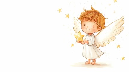 Whimsical Angel Embracing a Shimmering Star. Festive Christmas Illustration with Copy Space. 
