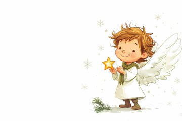 Whimsical Angel Embracing a Shimmering Star. Festive Christmas Illustration with Copy Space. 