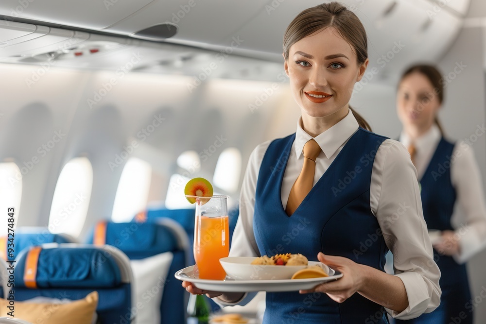 Poster a flight attendant smiles while serving a colorful drink and meal to passengers in a spacious airpla
